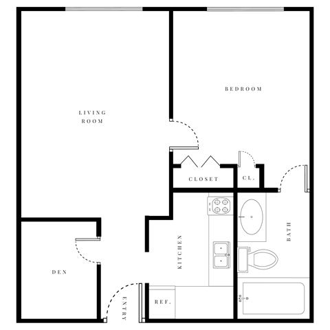 Floor plan for 1 bed, 1 bath, 625 sqft